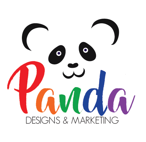 logo for Panda Designs & Marketing which features a cute panda face smiling over the word Panda in rainbow colors with Designs and Marketing in small print underneath